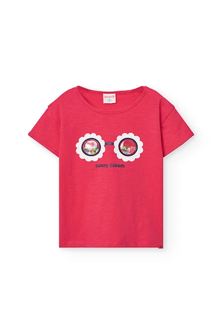 Camiseta de punto para niña en color fresa con estampado