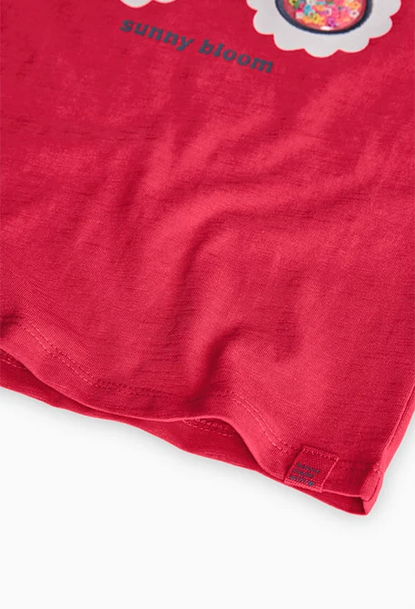 T-shirt de malha para menina em cor morango com estampado