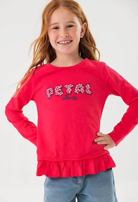 Camiseta de punto flamé para niña en color fresa