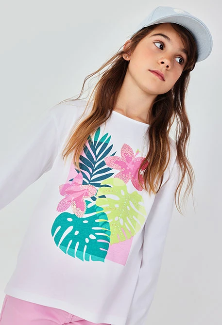 Camiseta niña punto manga larga algodón blanco