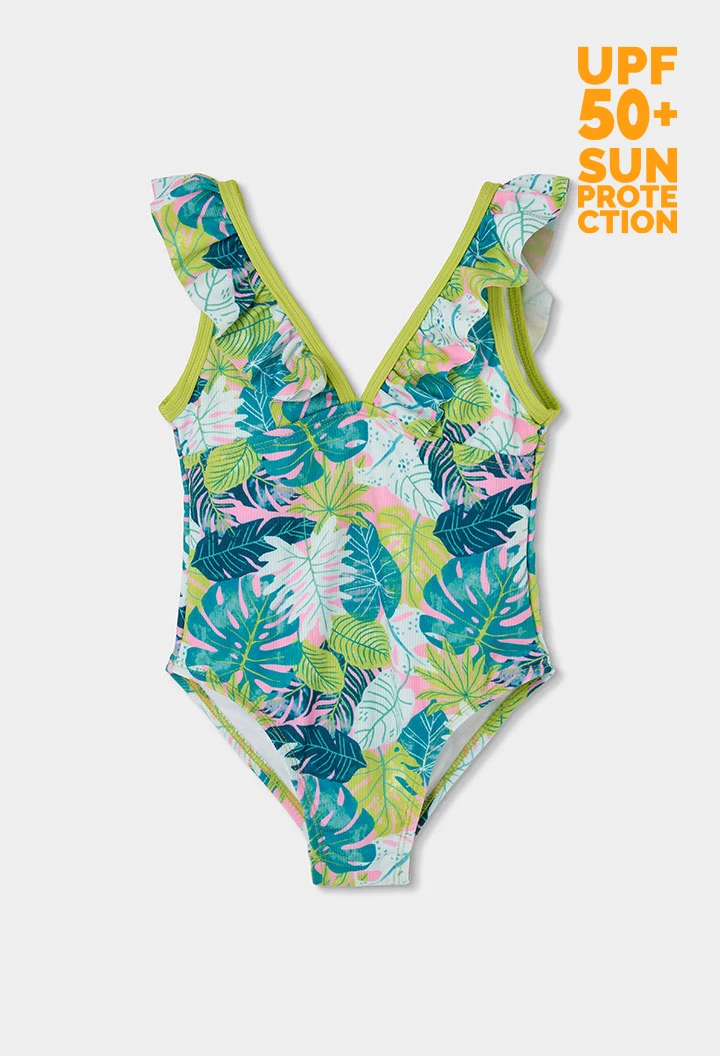 Girl's swimsuit with leaf print UPF50+