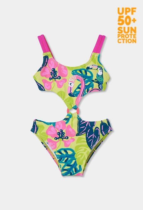 Green printed trikini with UPF 50+