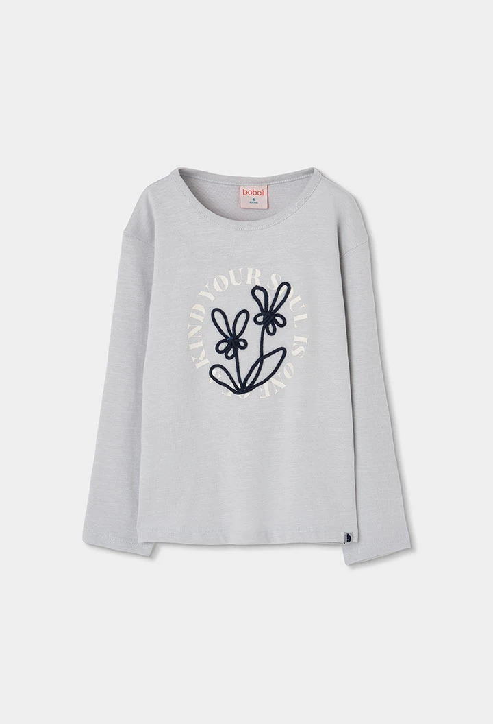 Girl\'s grey knitted T-shirt with embroidered flowers