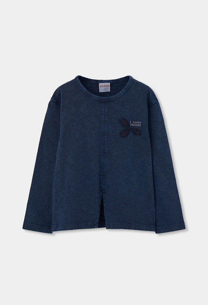 Mädchen-Strickshirt marineblau mit Blumenstickerei