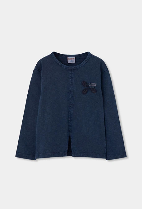 Maglietta in maglia bambina blu navy ricamo fiori