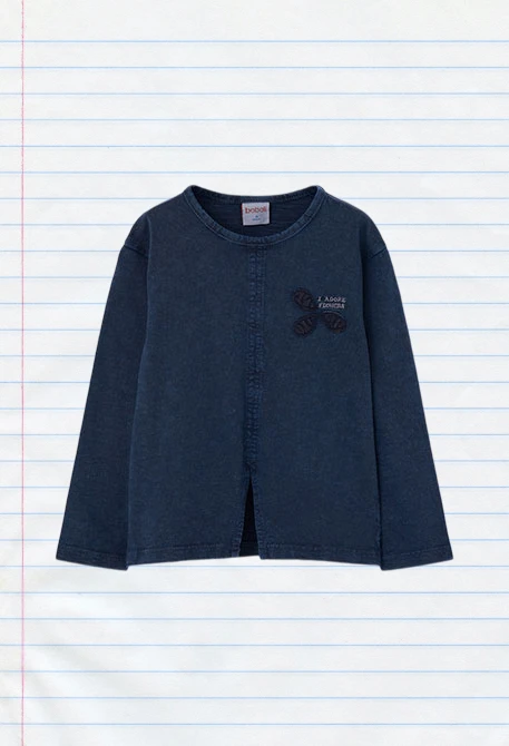 Mädchen-Strickshirt marineblau mit Blumenstickerei