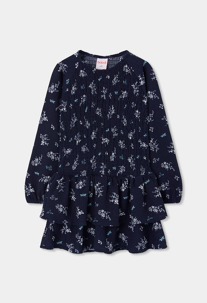 Vestido punto azul marino estampado flores y libélulas