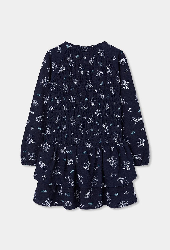 Vestido punto azul marino estampado flores y libélulas