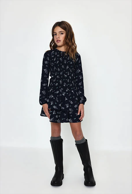 Navy blue knitted dress with floral and dragonfly print