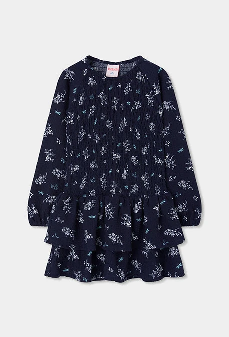 Vestido punto azul marino estampado flores y libélulas
