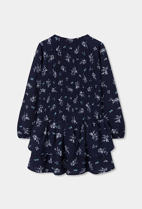Vestito in maglia blu navy con stampa fiori e libellule