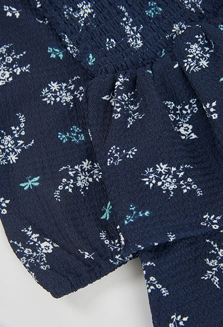 Vestit de punt blau marí estampat de flors i libèl·lules