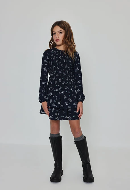 Robe en maille bleu marine imprimé fleurs et libellules
