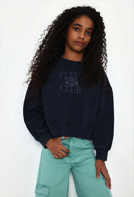 Navy blue fleece sweatshirt for girls with floral print