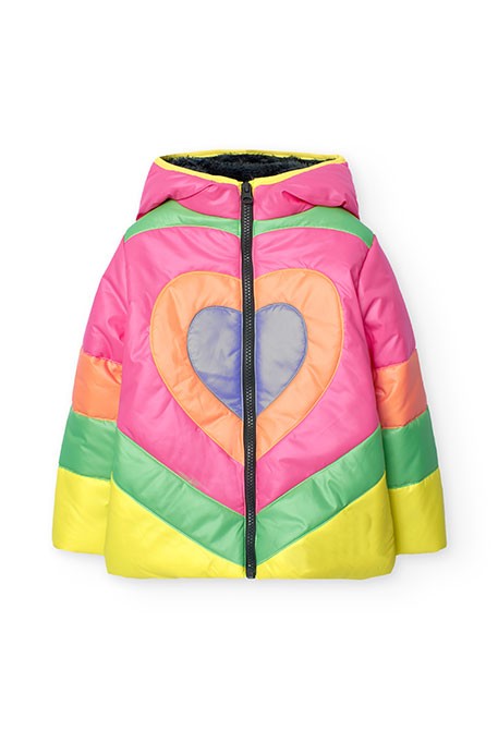 Parka tecnica para nina con capucha forrada y cierre de cremallera de color fresa fucsia