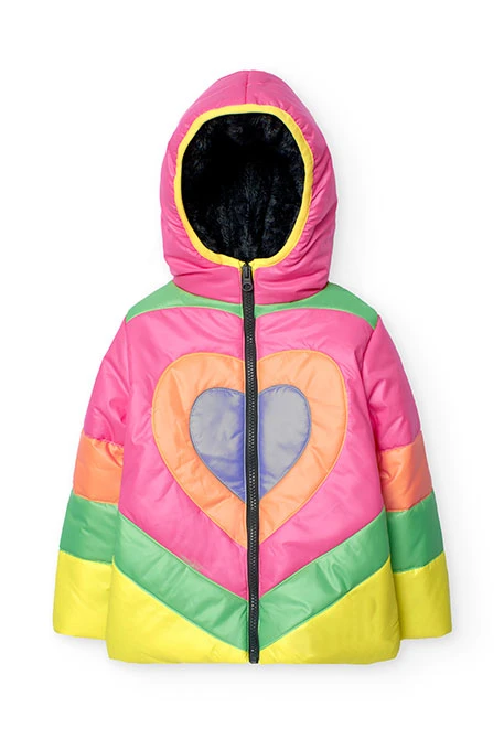 Technical parka for girls in strawberry colour