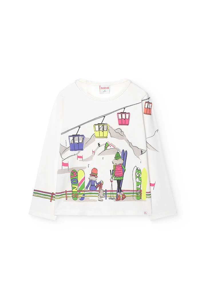 Girl\'s knitted T-shirt with ski resort print in white