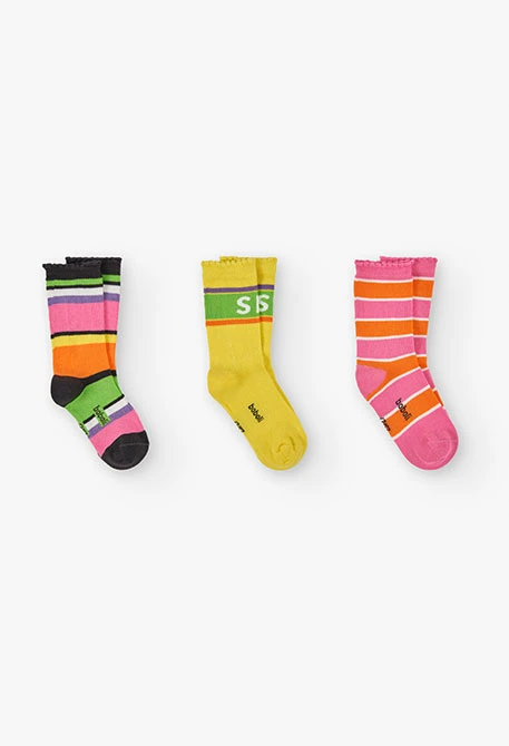 Pack of three strawberry-coloured striped socks for girls