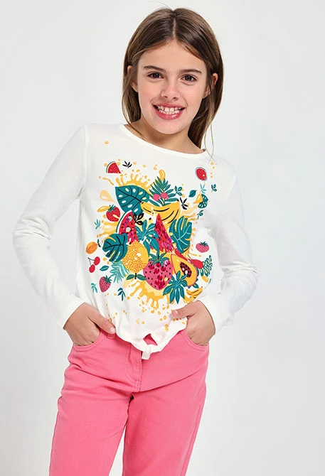 Camiseta de punto para niña en color blanco con estampado