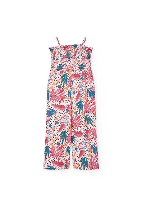 Mono de punto para niña con estampado de flores y hojas en color rosa