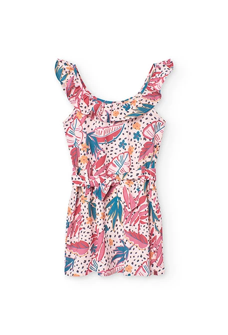 Mädchenkleid aus Krepp mit Blumenmuster in Rosatönen