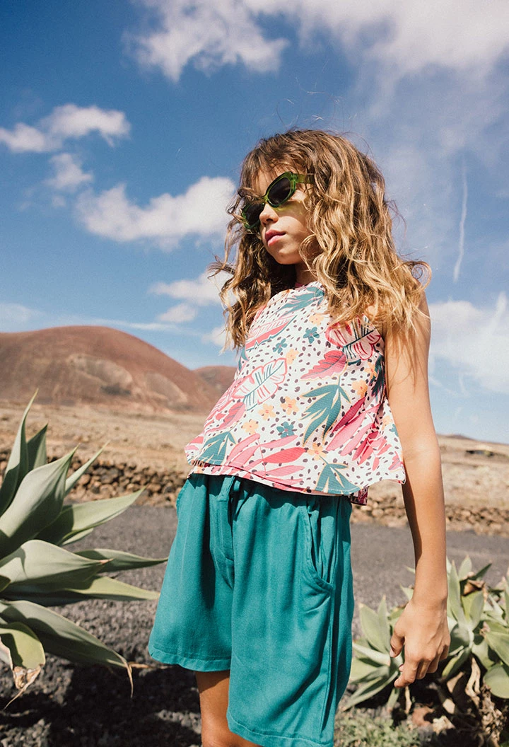 Top in crêpe per bambina con stampa floreale in colore rosa