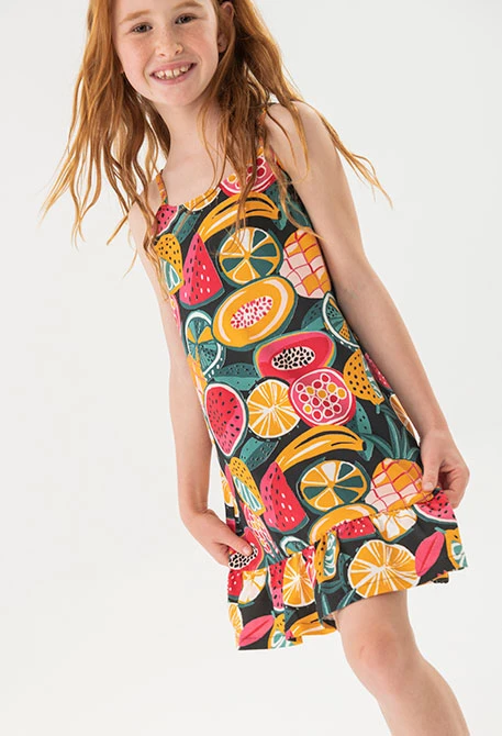 Vestido de punto elástico para niña con estampado de frutas
