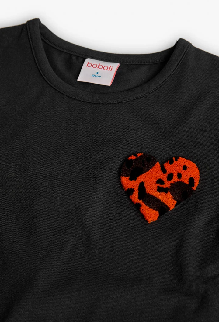 T-shirt fille coton noir coeur