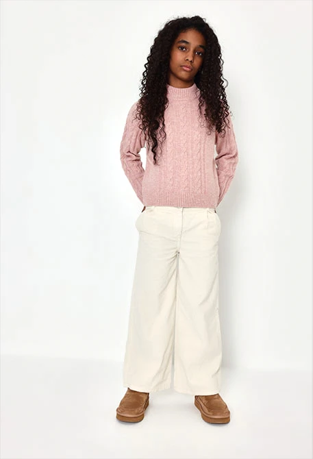 Pantalon velours côtelé fin fille écru wide leg