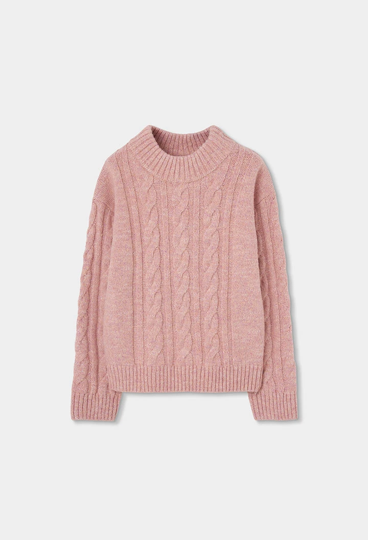 Mädchen-Pullover Rosa Zopfmuster Rollkragen