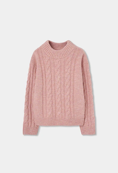 Mädchen-Pullover Rosa Zopfmuster Rollkragen