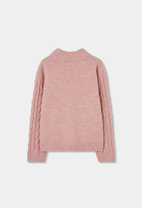 Camisola menina rosa entrançada gola alta