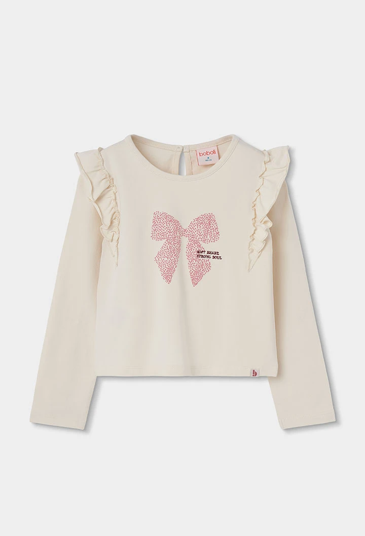 Mädchen-Strickshirt in Naturweiß mit rosa Schleifenaufdruck