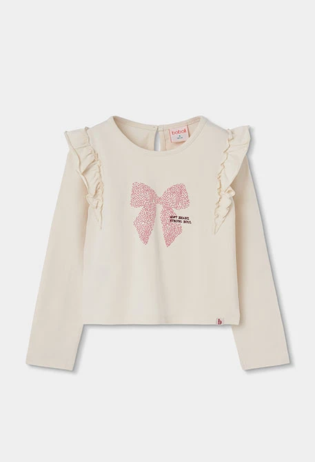 Mädchen-Strickshirt in Naturweiß mit rosa Schleifenaufdruck