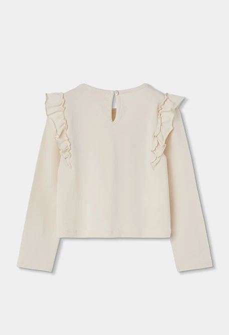 Maglietta in maglia bambina écru stampa fiocco rosa