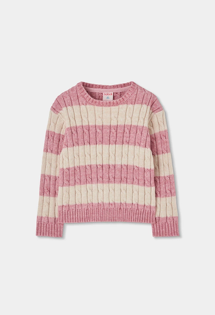 Gestreifter rosa Mädchenpullover mit Zöpfen