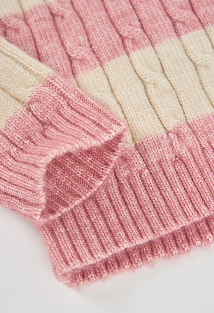 Pull fille rose à rayures avec torsades
