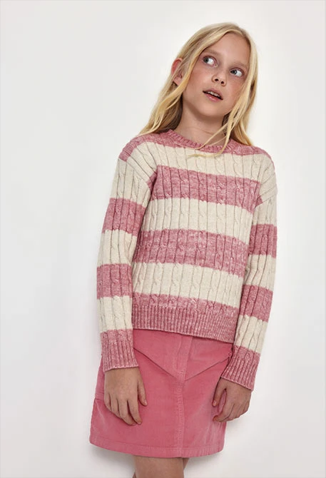 Camisola menina rosa às riscas com tranças