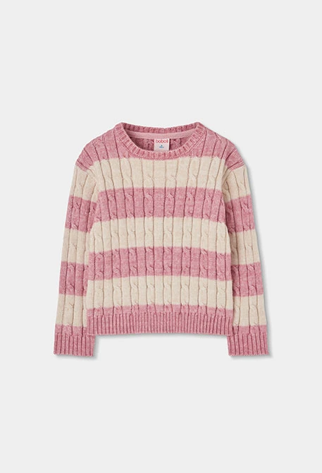 Camisola menina rosa às riscas com tranças