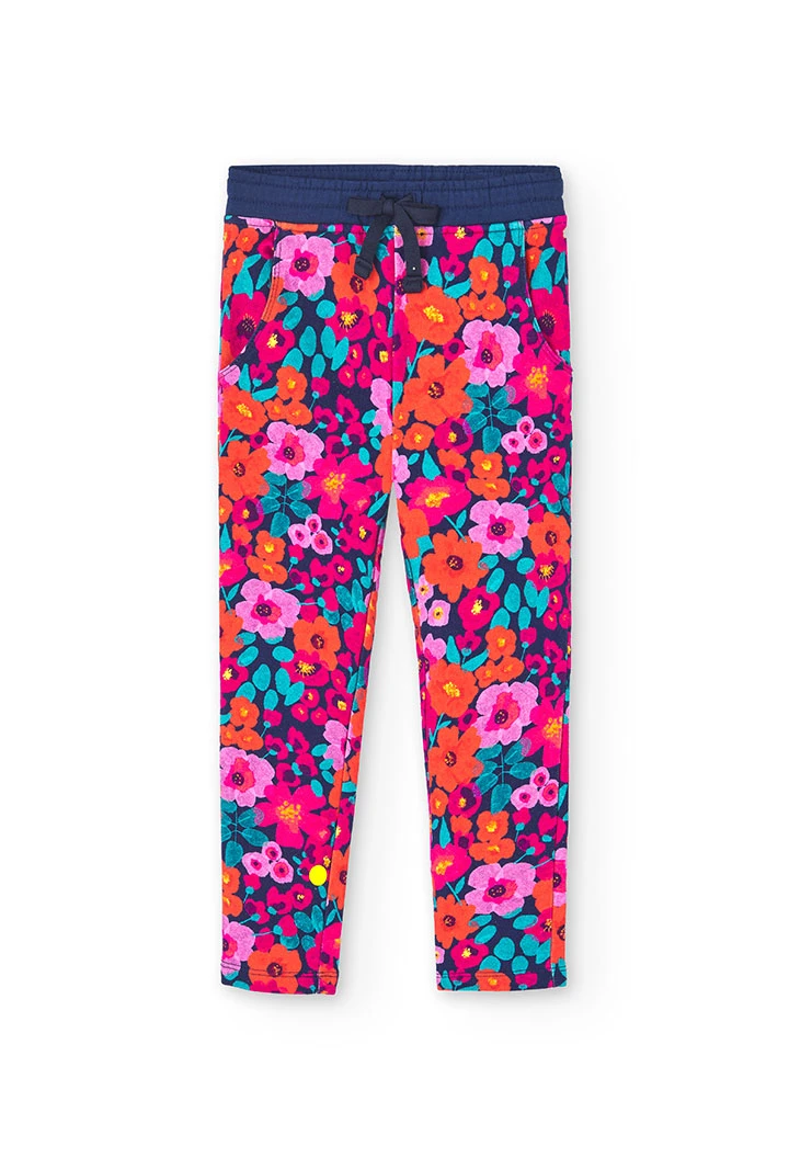 Pantalón felpa elástica flores de niña