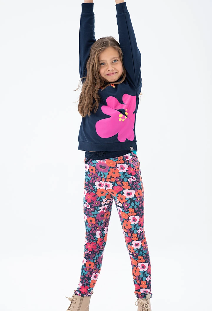 Stretch fleece trousers floral for girl