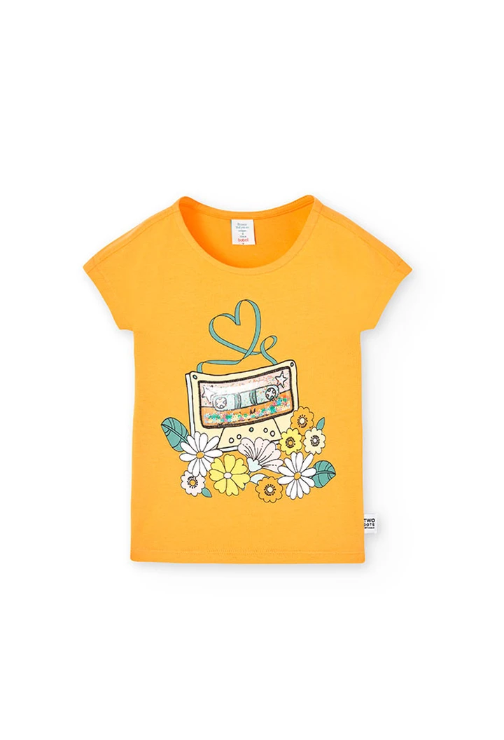 T-shirt tricoté maille élastique, orange, pour fille