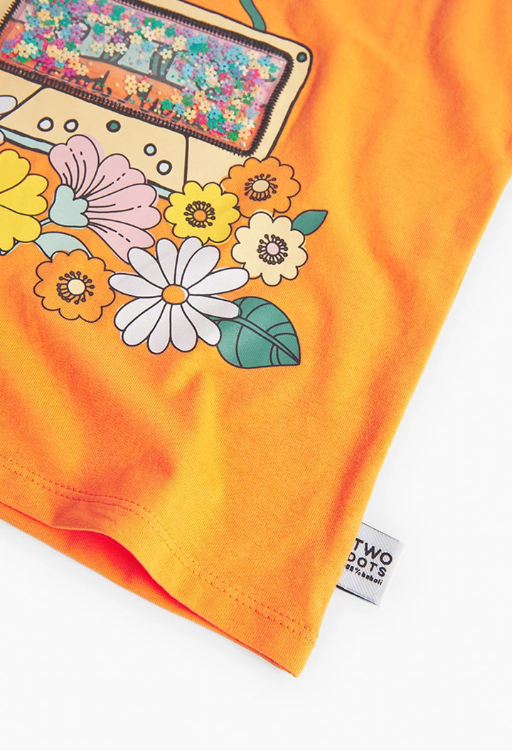 T-shirt tricoté maille élastique, orange, pour fille