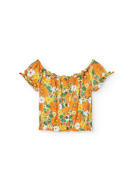 Girl's flower print knit t-shirt