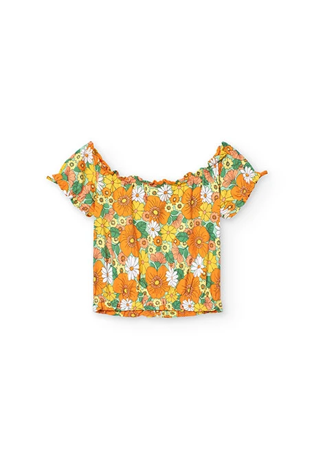Girl's flower print knit t-shirt