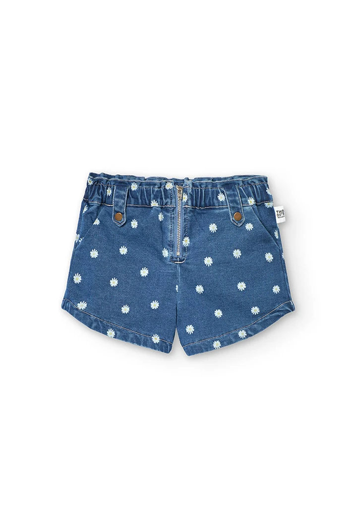 Short fille en denim bleu et tricot extensible