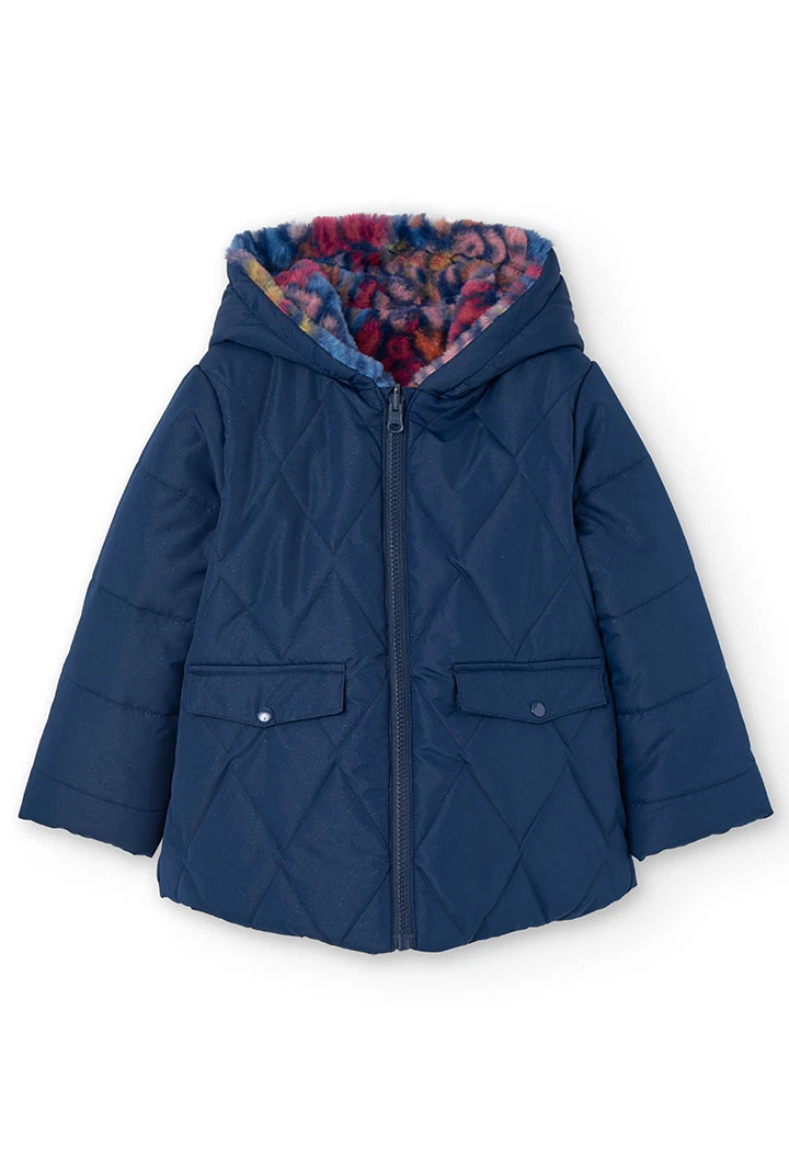 Reversible parka for girls with print and in navy blue