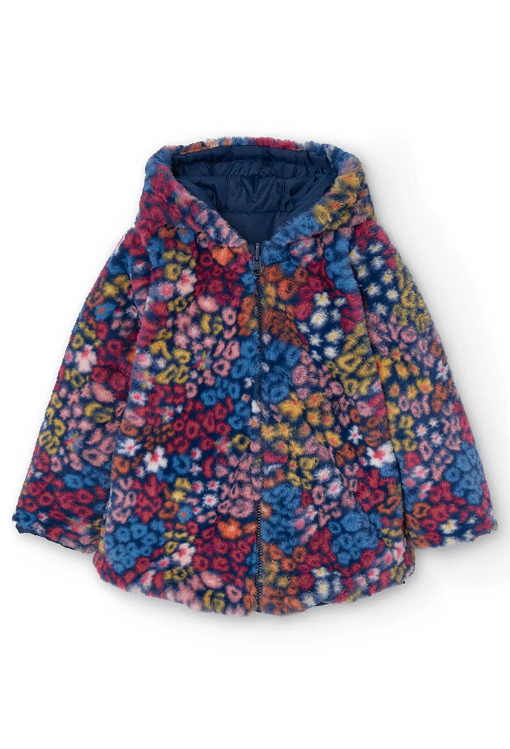 Reversible parka for girls with print and in navy blue