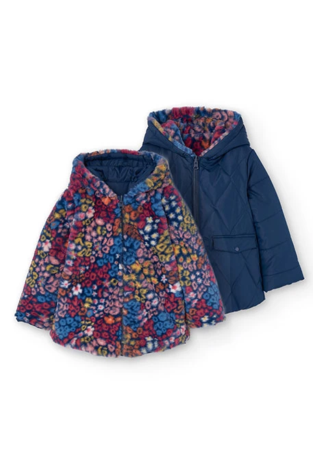 Reversible parka for girls with print and in navy blue