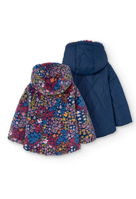 Reversible parka for girls with print and in navy blue